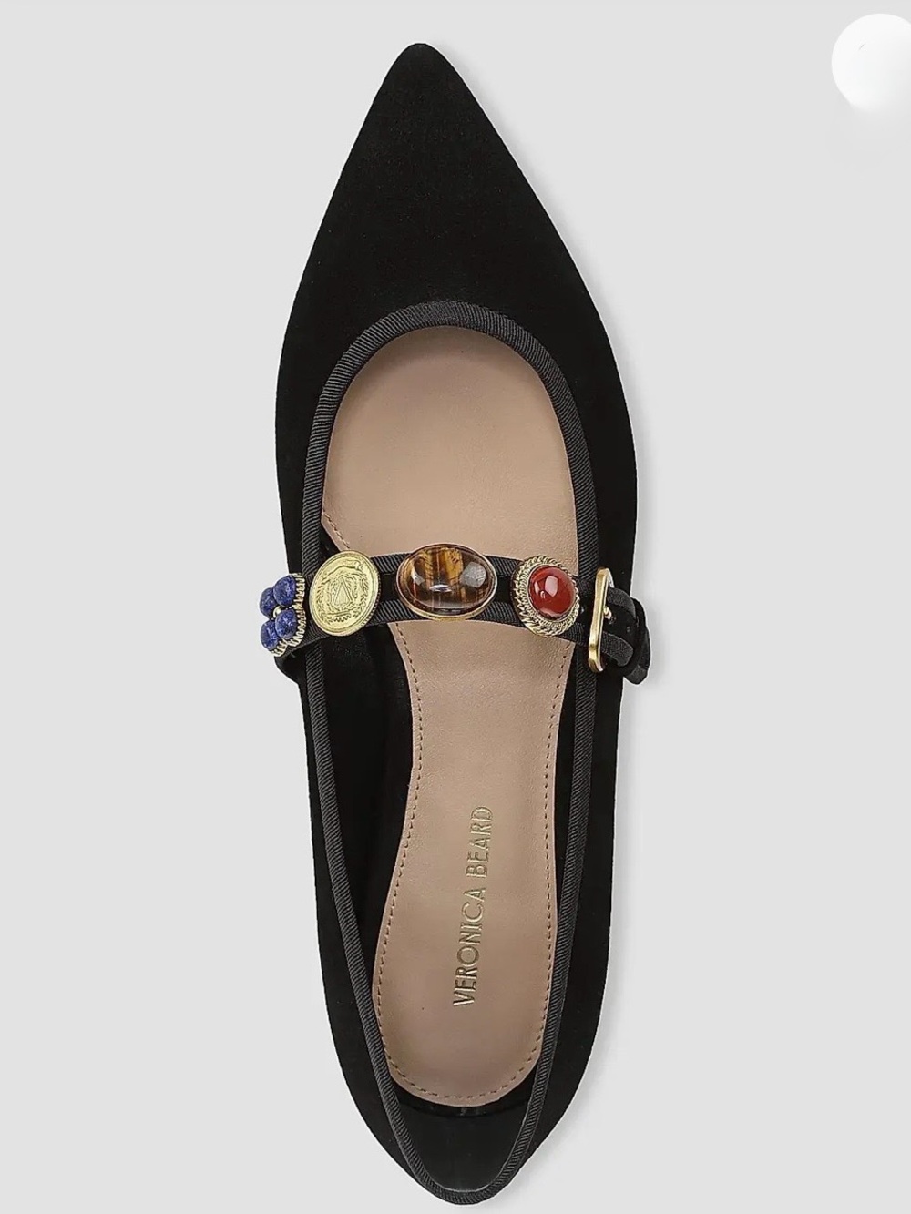 Veronica Beard Black Suede Pointed-Toe Mary Jane Flat with Jeweled Strap